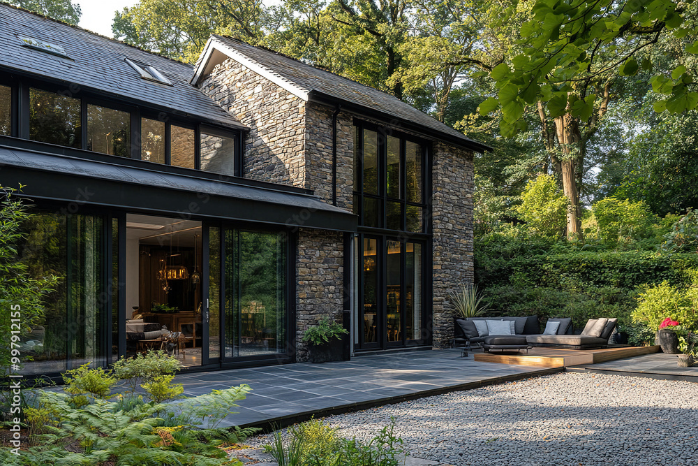 Modern private house with a large land plot, lush trees and landscape design. Front yard. Generated by artificial intelligence Modern private house with a large land plot, lush trees and landscape design. Front yard. Generated by artificial intelligence