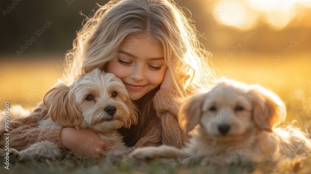 Serene Girl Embracing Dogs in Golden Hour Light