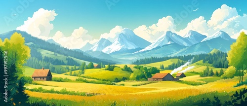 Panoramic Farm Landscape with Mountains, Forests, and Fields - cartoon Illustration