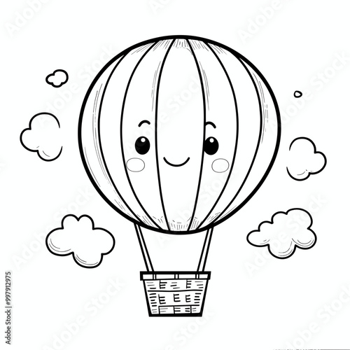 Cute Kawaii hot air baloon Coloring Pages Kids