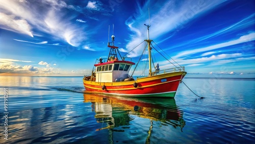 Longliner Fishing Boat at Sea with Calm Waters and Clear Blue Skies in a Peaceful Marine Environment photo