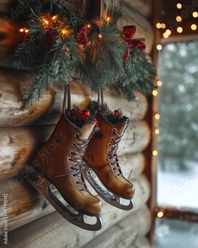 A pair of brown ice skates hang on a rustic wooden wall adorned with evergreen garland and Christmas lights.