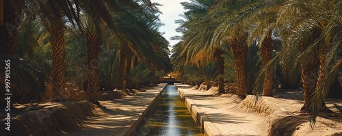 Al Ain Oasis Palm Groves – A peaceful view of the Al Ain Oasis, with its dense palm groves and traditional falaj irrigation channels running through the trees photo