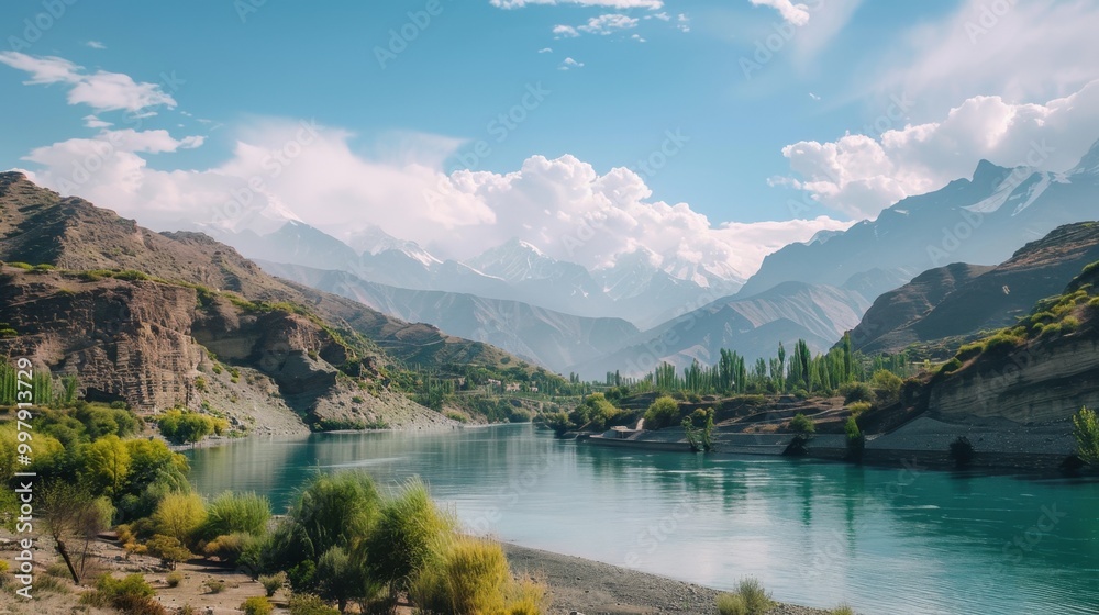 Serene Mountain Landscape with River and Fall Foliage Serene Mountain Landscape with River and Fall Foliage
