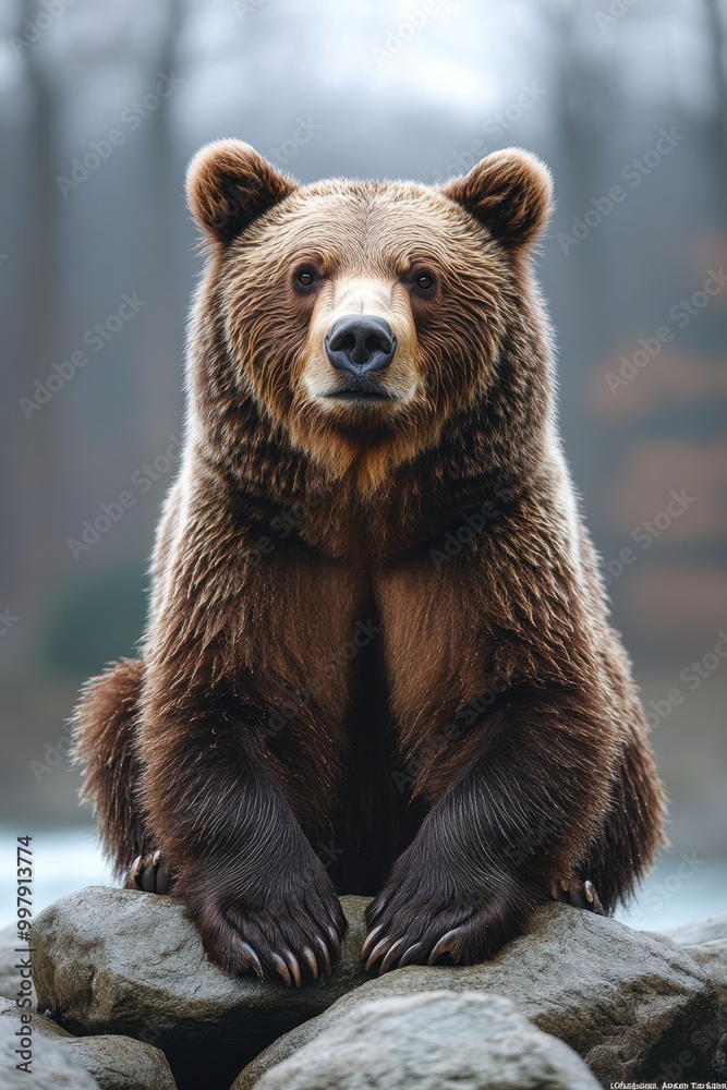 Majestic Brown Bear Sitting on a Rock in Natural Habitat Majestic Brown Bear Sitting on a Rock in Natural Habitat