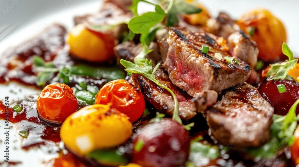 Gourmet Dish with Vibrant Vegetables and Meat Gourmet Dish with Vibrant Vegetables and Meat