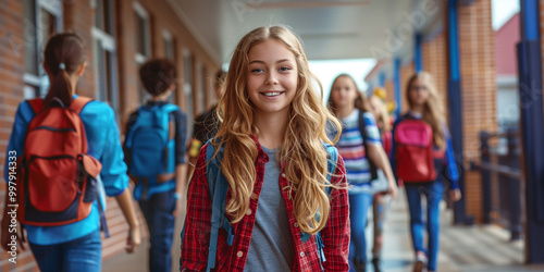 Teenage girl smiling with her friends in the background walking in a school hallway