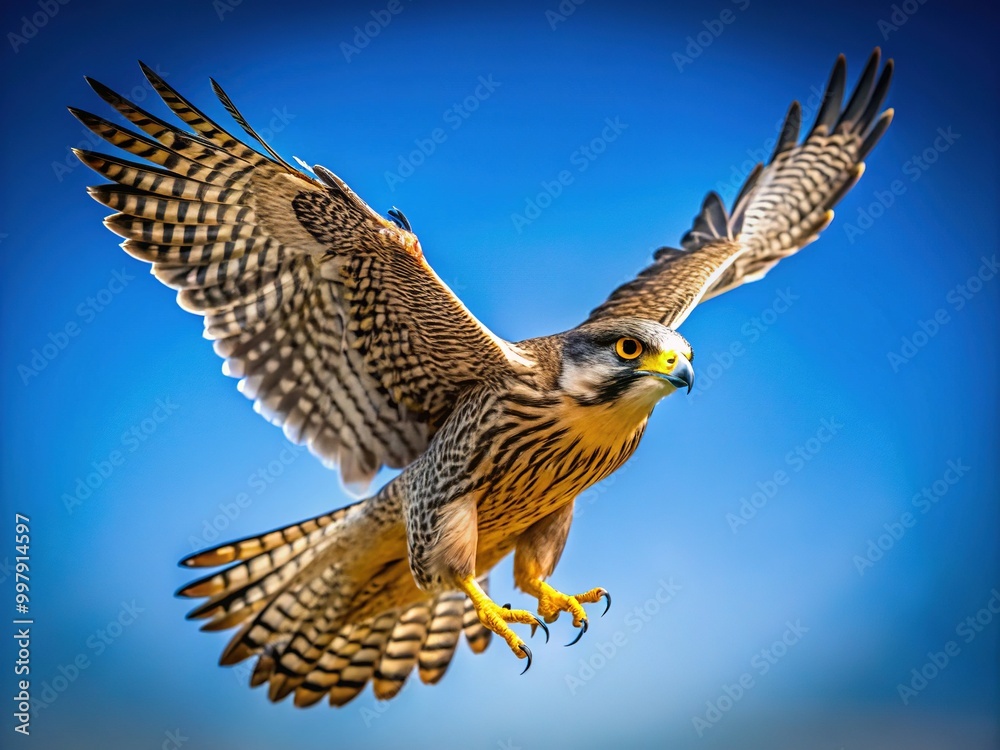 Fototapeta premium Majestic Falcon in Flight Captured Against a Clear Blue Sky Showcasing Its Stunning Features