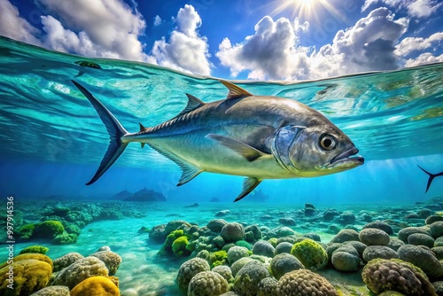 Majestic Caranx Ignobilis Swimming Gracefully in Crystal Clear Ocean Waters of Tropical Marine Habitat photo