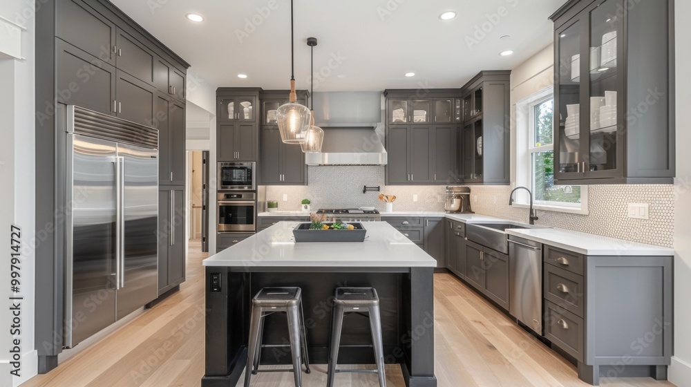 Fototapeta premium Modern Kitchen Interior with Spacious Island and Stainless Steel Appliances