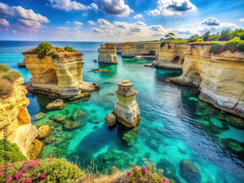 Majestic Faraglioni di Sant Andrea Rock Formations Against a Clear Blue Sky in Salento, Italy photo