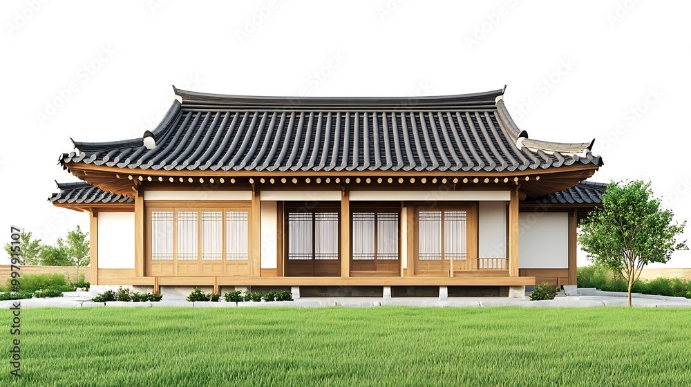 Traditional Korean House with Curved Roof and Green Lawn Traditional Korean House with Curved Roof and Green Lawn