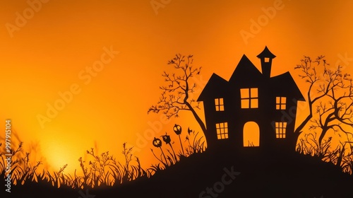 Mysterious Haunted House Silhouette in Eerie Halloween Glow on Orange Background