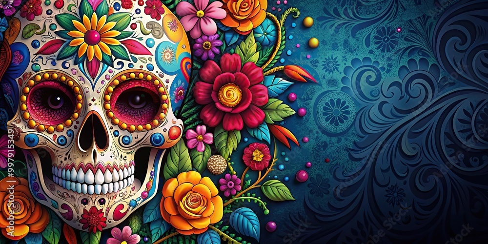 Festive sugar skull background with space for text at a tilted angle Festive sugar skull background with space for text at a tilted angle