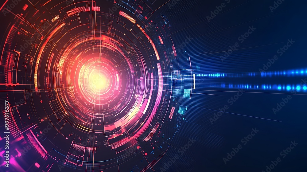 Fototapeta premium Abstract digital technology background with glowing circles and lines in red, orange, and blue colors.