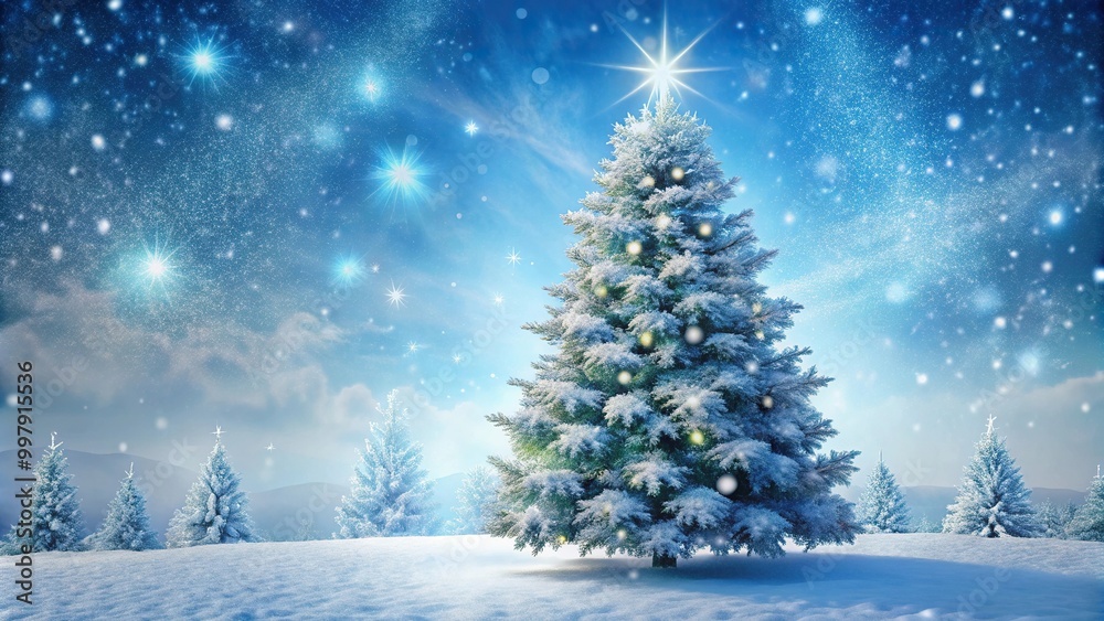 Festive tree adorned with snowflakes against wintry backdrop Festive tree adorned with snowflakes against wintry backdrop