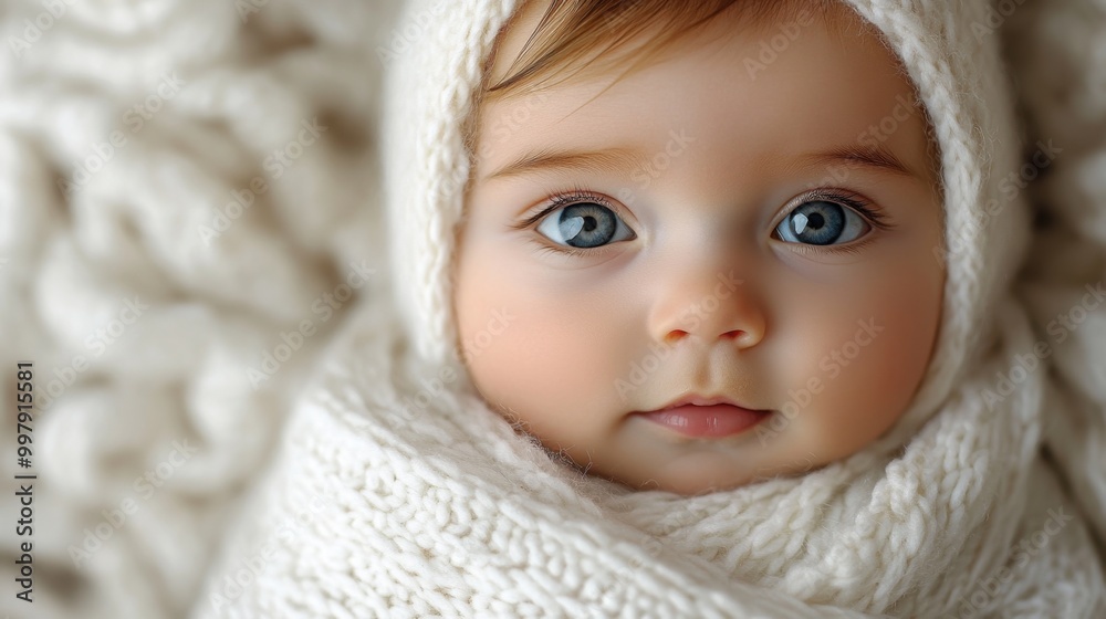 Adorable Baby with Big Blue Eyes Wrapped in White Blanket Adorable Baby with Big Blue Eyes Wrapped in White Blanket