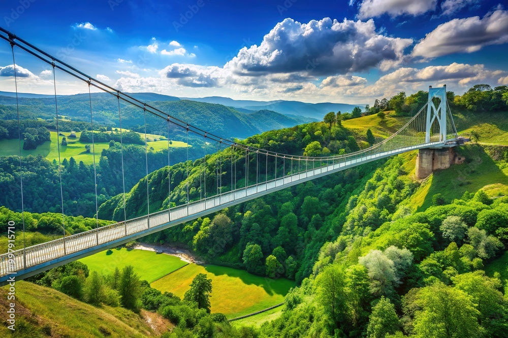 Fototapeta premium Majestic White River Suspension Bridge Spanning Across Lush Green Valley Under Clear Blue Sky