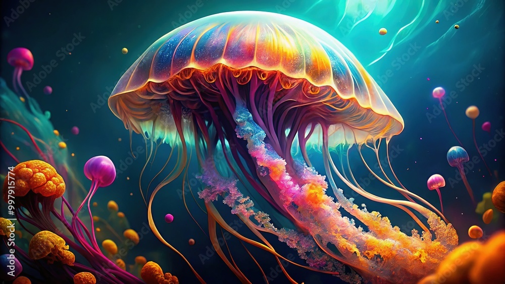 Naklejka premium Mesmerizing Jellyfish Clipart Illustration with Graceful Movement in Vibrant Ocean Colors and Detail