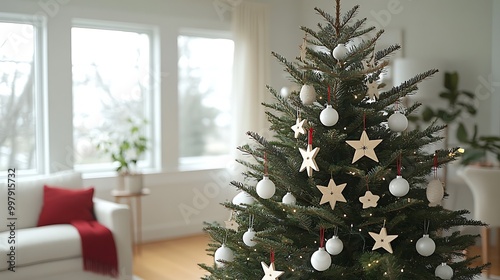 A minimalist Scandinavian Christmas tree adorned with simple white ornaments, red ribbons, and natural wooden stars, set in a bright, modern living room with large windows, photo