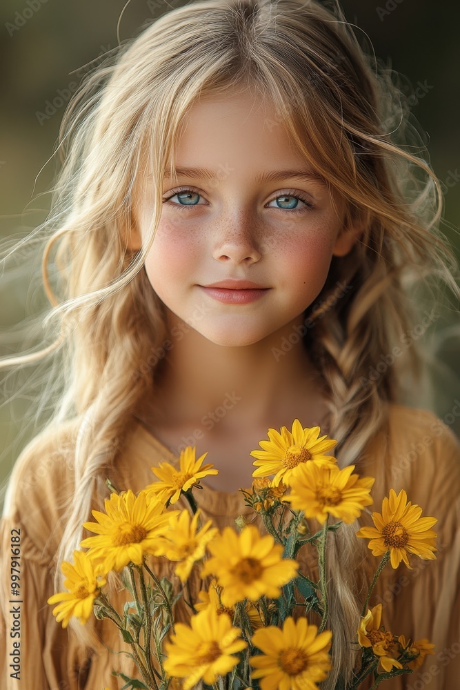 Smiling Young Girl in Mustard Beanie Surrounded by Yellow Flowers Smiling Young Girl in Mustard Beanie Surrounded by Yellow Flowers