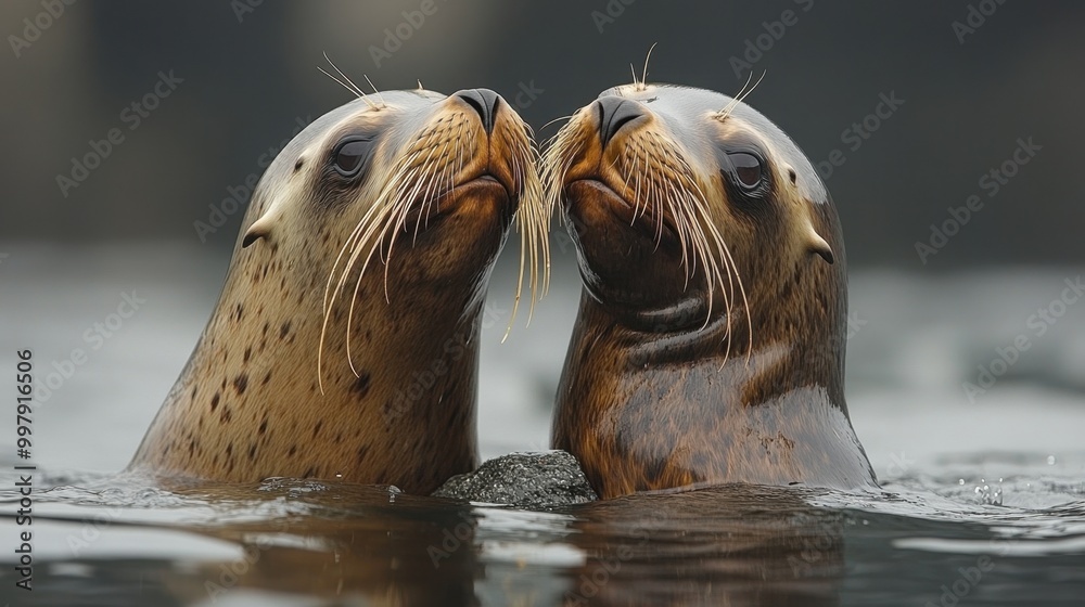 Fototapeta premium Whiskered Seals Interacting in Water