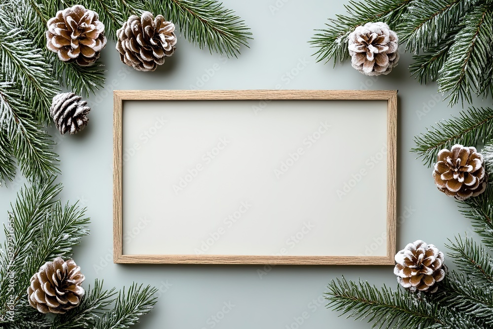 Holiday frame with pine branches and cones on blue background Holiday frame with pine branches and cones on blue background
