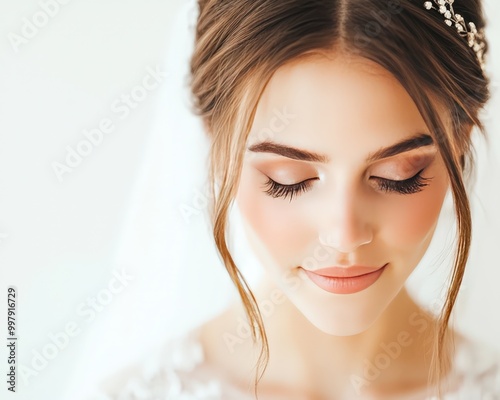 A beautiful portrait of an elegant bride with soft makeup and a delicate veil. The image captures a serene moment filled with joy and grace. photo