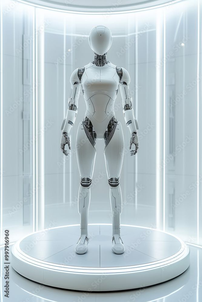Front view of a female android standing in a rounded product platform Front view of a female android standing in a rounded product platform
