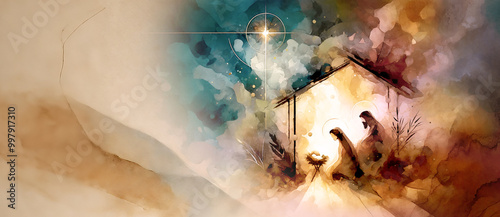 Watercolor painting representing Nativity scene in Bethlehem. Christmas scene illustration showing holy family Mary Joseph and baby Jesus in the manger. Banner Copy space