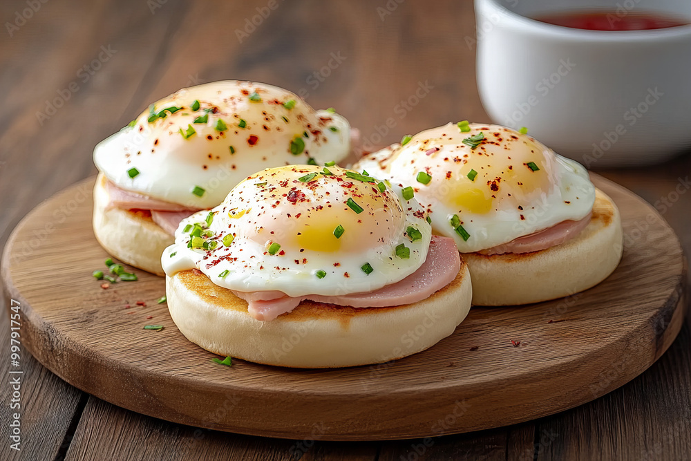 Delicious Classic Eggs Benedict Breakfast with Poached Eggs, Hollandaise Sauce, and Ham on Toasted English Muffin for a Tasty Brunch Delicious Classic Eggs Benedict Breakfast with Poached Eggs, Hollandaise Sauce, and Ham on Toasted English Muffin for a Tasty Brunch