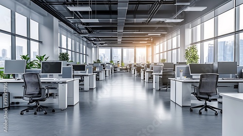 An elegant minimalist office featuring clean lines, neutral tones, and functional furniture. 