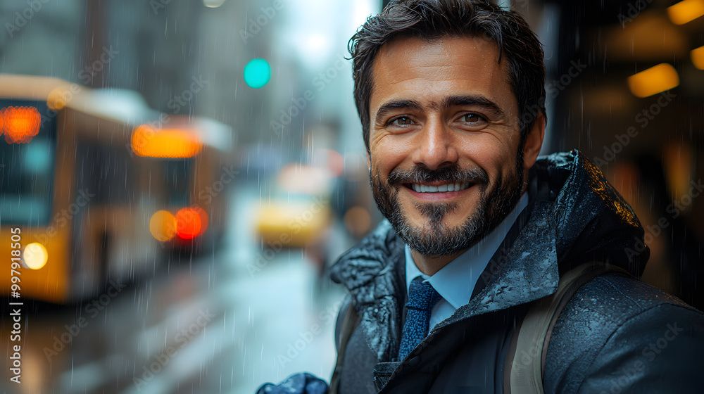 A Happy Man in a Suit and Tie Holding an Umbrella Standing in the Rain, Expressing Joy, Positivity, and Confidence in Adverse Weather, Highlighting Professionalism and Optimism
A Happy Man in a Suit and Tie Holding an Umbrella Standing in the Rain, Expressing Joy, Positivity, and Confidence in Adverse Weather, Highlighting Professionalism and Optimism