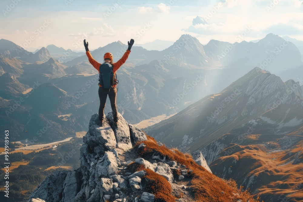 A person is standing on a mountain top, with the sun shining down on them, generative ai image A person is standing on a mountain top, with the sun shining down on them, generative ai image