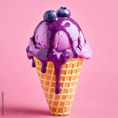 A vibrant ice cream cone with blueberry topping, featuring purple ice cream and drips, against a pink background.