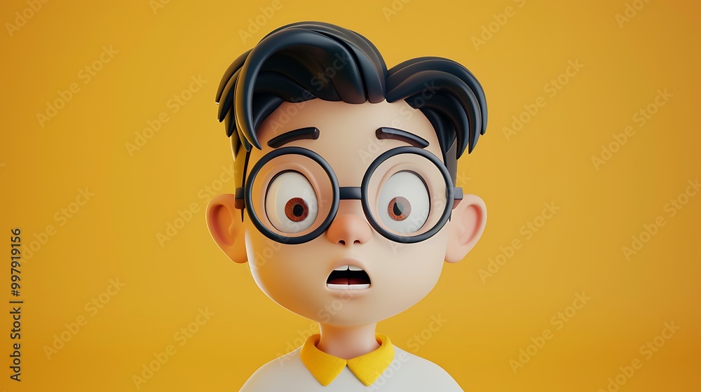 3D Cartoon Illustration of Boy with Glasses Looking Shocked 3D Cartoon Illustration of Boy with Glasses Looking Shocked