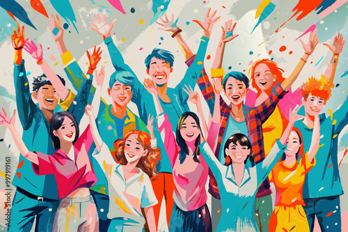 Joyful Celebration with a Group of Diverse Friends at a Colorful Party
