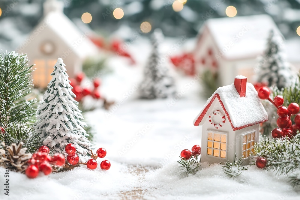 Snowy miniature village scene with warm lights and berries. Snowy miniature village scene with warm lights and berries.