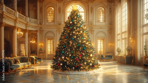 A regal Christmas tree adorned with shimmering emerald, sapphire, and ruby-toned decorations, set in a grand room with high ceilings, plush velvet furniture,