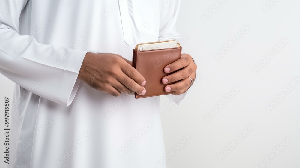 khaleeji man holding his wallet isolated on white background khaleeji man holding his wallet isolated on white background