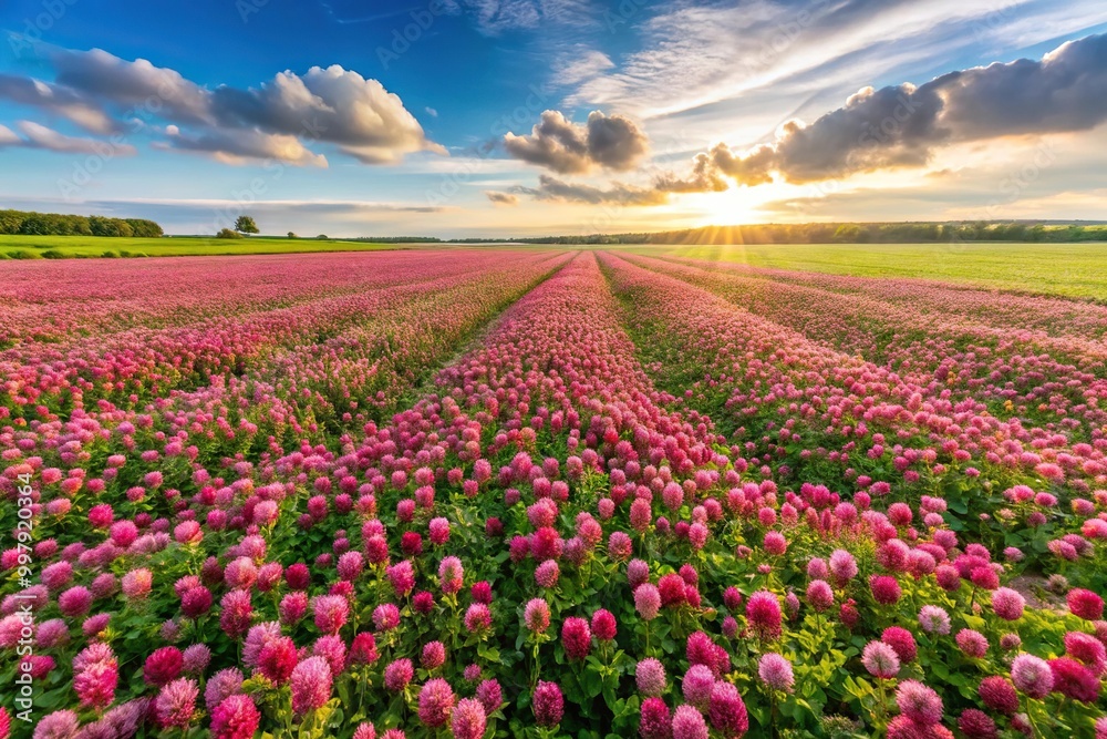 Field of flowers in spring and summer aerial landscape with blooming pink clover Field of flowers in spring and summer aerial landscape with blooming pink clover