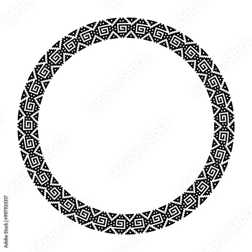 Inca stepped spiral motif, circle frame with Greek meander pattern. Decorative circular border, in ancient  style with angular spirals. Black and white illustration, isolated on white background.
