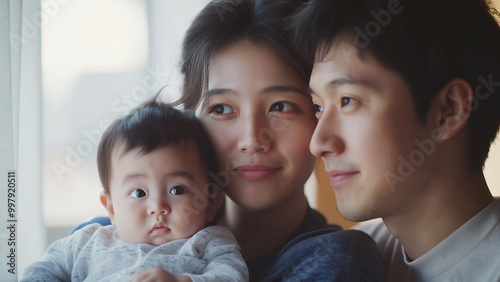 Asian families. Father, mother, and baby. Expressions of joy, sadness, and surprise.