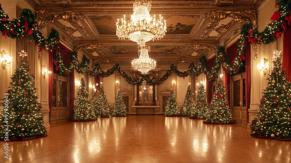 A grand ballroom decorated with Christmas garlands and chandeliers A grand ballroom decorated with Christmas garlands and chandeliers