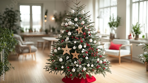 A Scandinavian minimalist Christmas tree with natural wooden stars  white baubles  and red ribbon accents  set in a bright  airy space with light wood floors and simple  modern Scandinavian furniture 