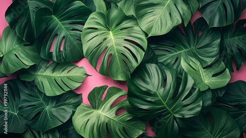 Monstera leaves overlapping palm branches, on a vibrant pink canvas, top view, rich greens with natural shadow play and vibrant textures, tropical vibes