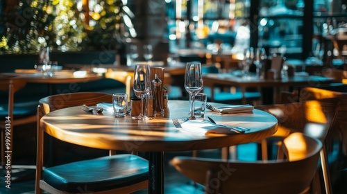 A contemporary restaurant interior with stylish furniture, wooden chairs, and tables set with glasses and plates, creating a chic and sophisticated ambiance.