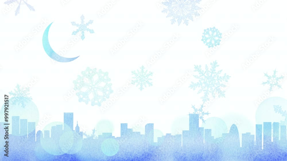 雪の舞う夜の都市風景のループアニメーション。絵本ような可愛らしい映像。