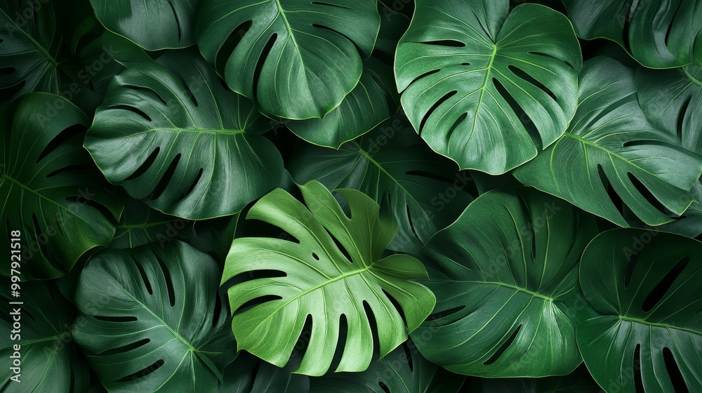 custom made wallpaper toronto digitalMonstera plant, top perspective with overlapping leaves, rich emerald greens, soft natural lighting casting intricate leaf shadows, minimal background