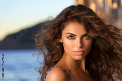 A woman with long brown hair and green eyes stands in front of a body of water